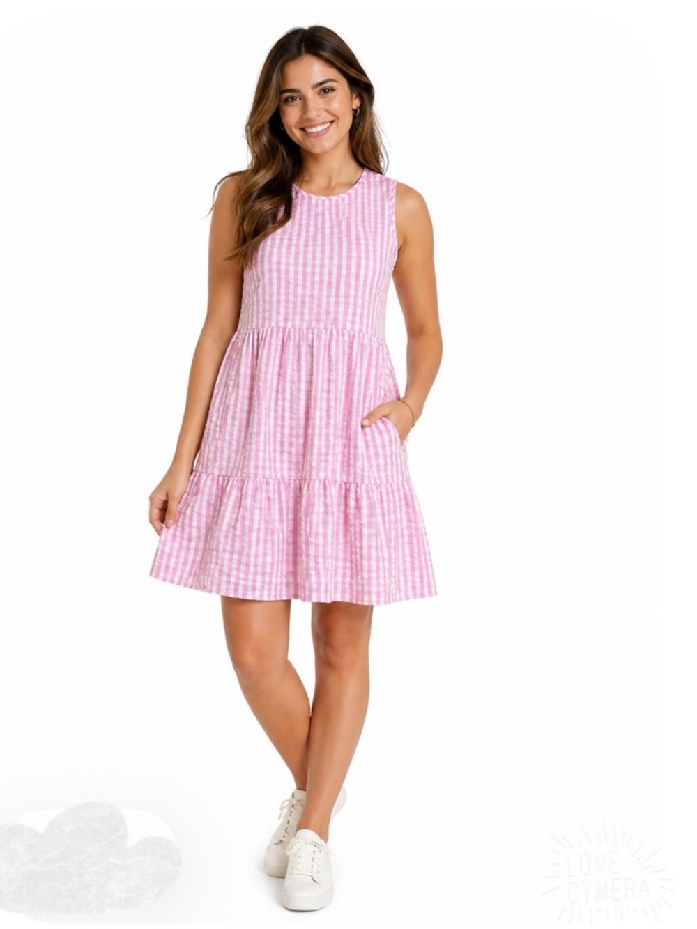 Cloe + René Gymboree Pink Gingham Sleeveless Tiered Mini Dress with Pockets Sz S